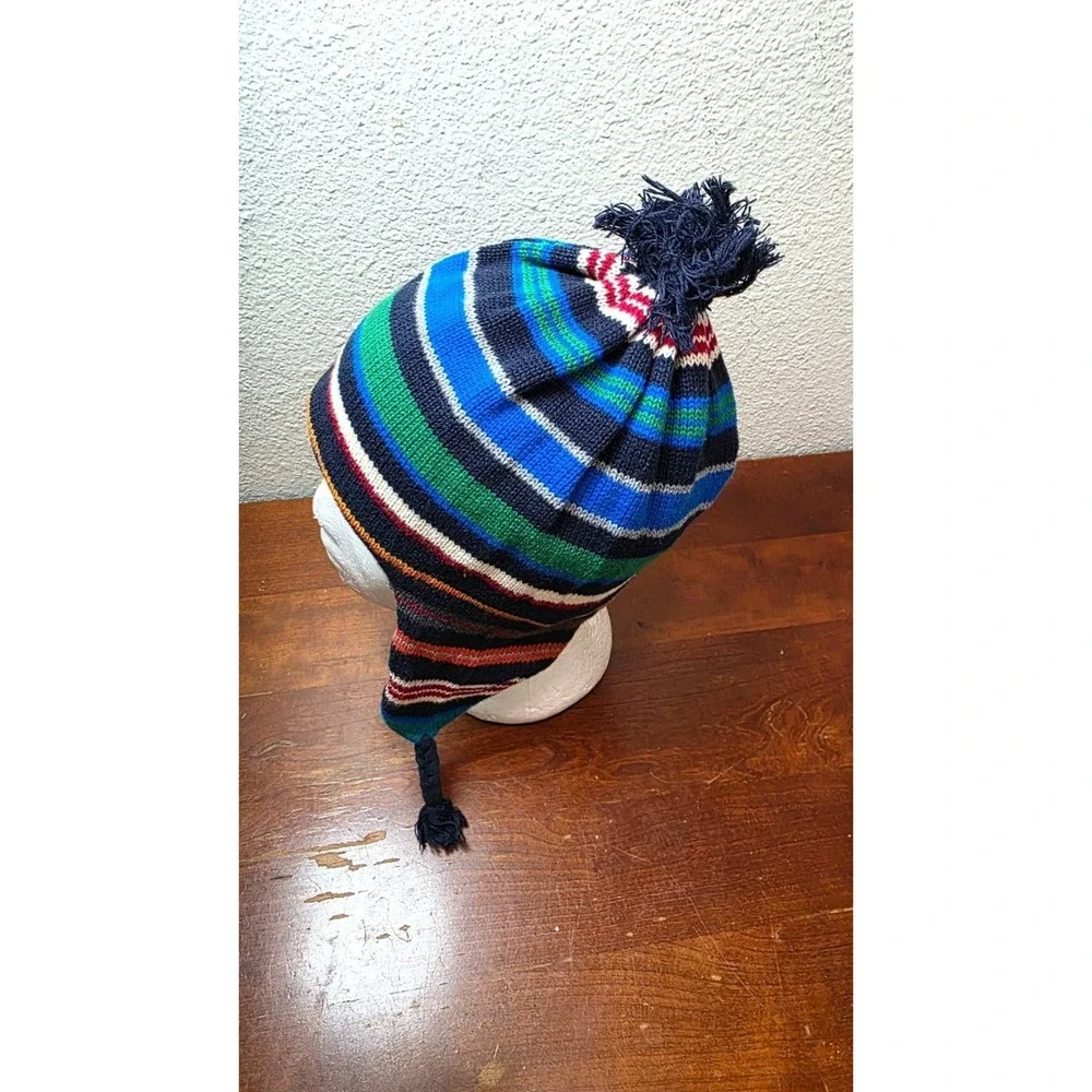 Gap Kids Winter Street Striped Knit Pom-Pom Hat Earflaps &‎ Fleece Lining S/M